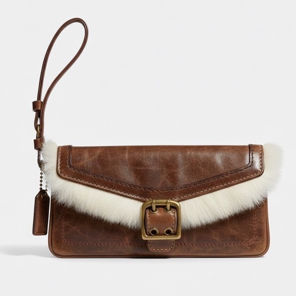 Unique Gem! Coach Shearling Galaxy Chestnut Brown Leather Wristlet Buckle Accent